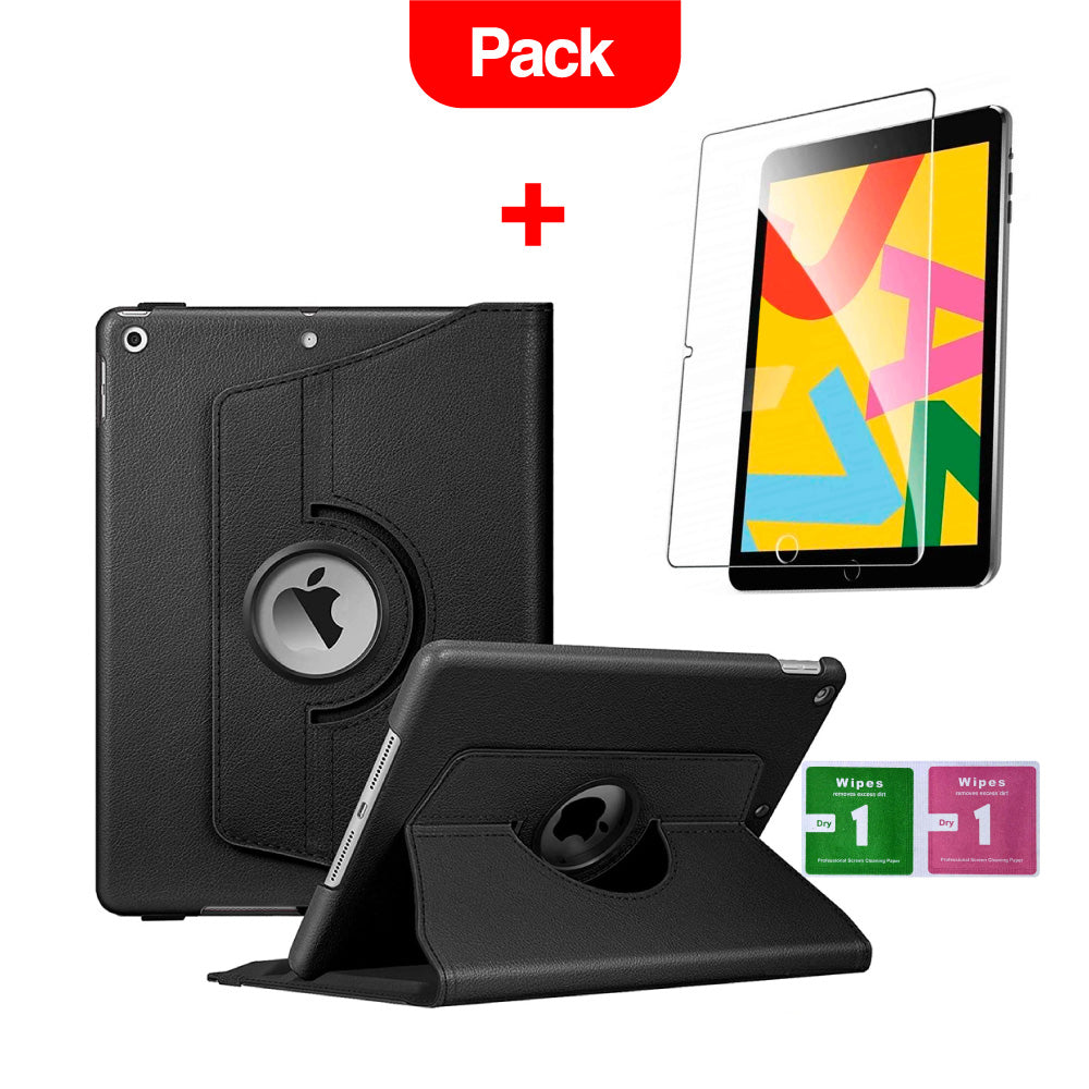 Combo Funda de iPad 10.2" 2019 A2604 Giratoria Negro + Mica